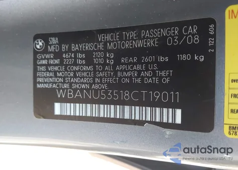 2008 BMW 528I z USA, uszkodzony, nr VIN WBANU53518CT19011